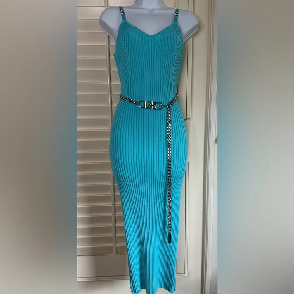 Michael Kors Ribbed Stretch Knit Midi Dress – Turquoise (With MK Chain Belt) - Picture 3 of 8